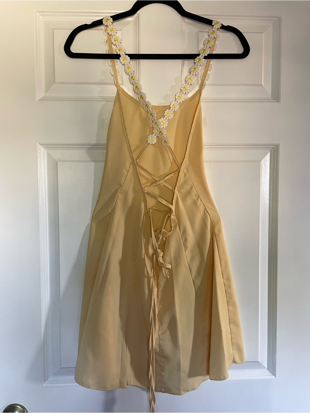 Yellow Backless Slip Dress with Daisy-Trim Straps